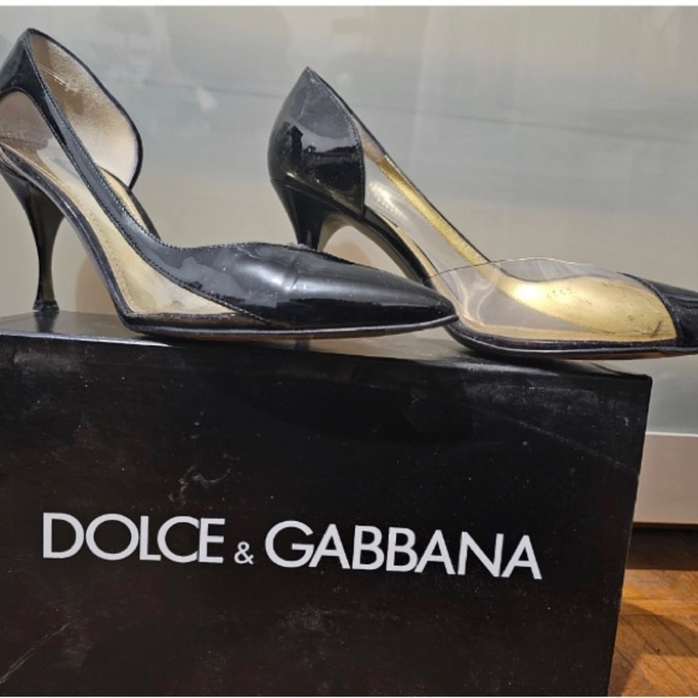 ISO Dolce Gabbana, black patent and clear pointy toe high heels size 101/2 or 11